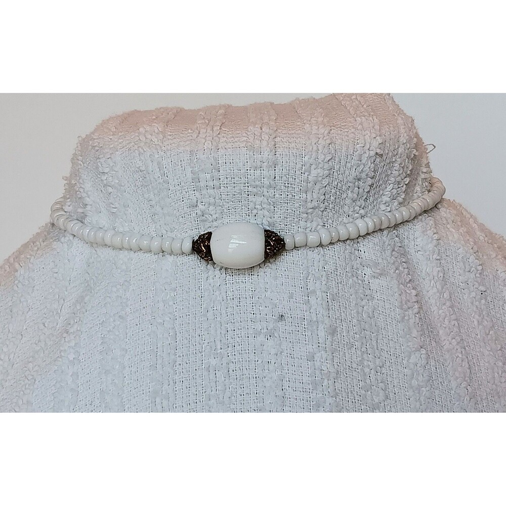 Vtg Milk Glass Beaded Choker Necklace 17 in adj Memory Wire Ornate Bronze Accent